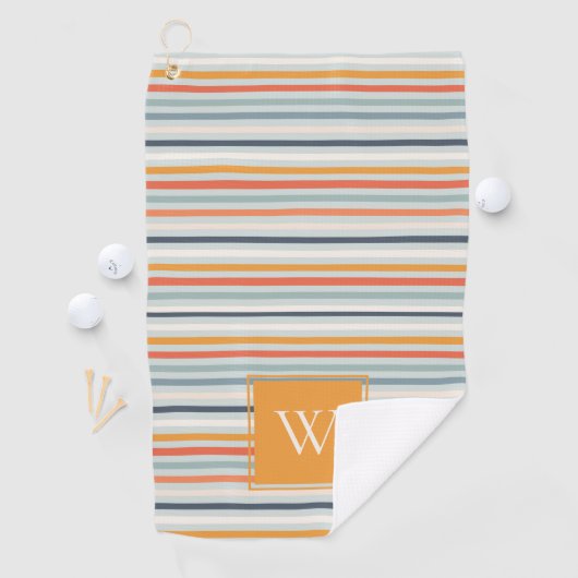 Cute Dusky Oranje Blue Striped Pattern Monogram Golfhanddoek (Insitu)