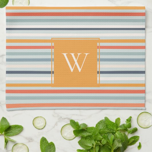 Cute Dusky Oranje Blue Striped Pattern Monogram Theedoek (Gevouwen)