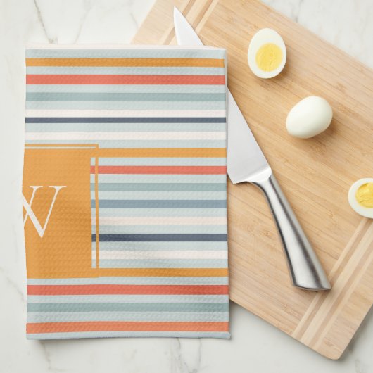 Cute Dusky Oranje Blue Striped Pattern Monogram Theedoek (Quarter Fold)