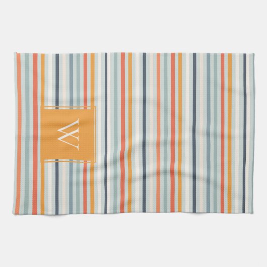 Cute Dusky Oranje Blue Striped Pattern Monogram Theedoek (Horizontaal)