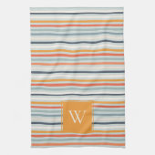 Cute Dusky Oranje Blue Striped Pattern Monogram Theedoek (Verticaal)