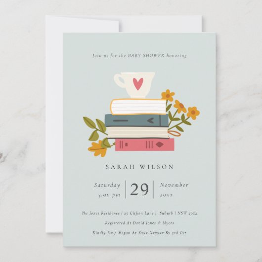 Cute Dusky Stapked Books Floral Baby shower Invite Bedankkaart (Voorkant)