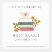 Cute Dusky Stapked Storybooks Floral Baby Library Vierkante Sticker (Voorkant)