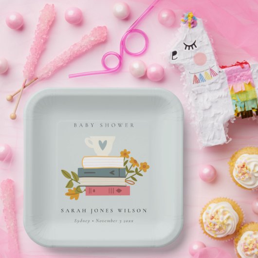 Cute Dusky Stapked Storybooks Floral Baby shower Papieren Bordje (Feest)