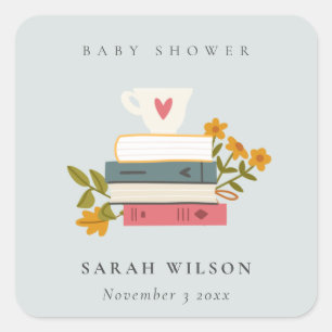 Cute Dusky Stapked Storybooks Floral Baby shower Vierkante Sticker