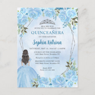 Cute Dusty Blue Silver Floral Princess Quinceañera Briefkaart
