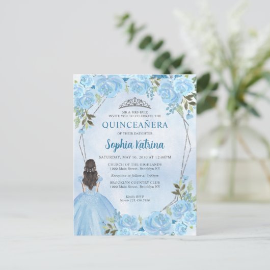 Cute Dusty Blue Silver Floral Princess Quinceañera Briefkaart (Staand voorkant)