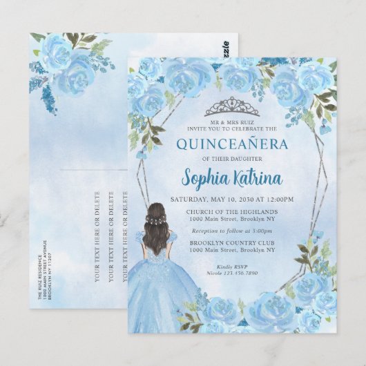 Cute Dusty Blue Silver Floral Princess Quinceañera Briefkaart (Voorkant / Achterkant)