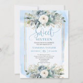 Cute Dusty Blue White Peonies Sweet 16 Invitation Kaart (Voorkant)