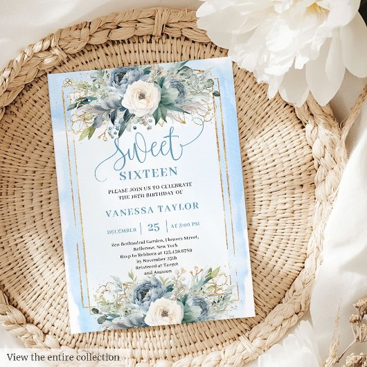 Cute Dusty Blue White Peonies Sweet 16 Invitation Kaart