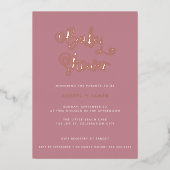 Cute Dusty Roos Pink Girl Heart Script Baby shower Folie Uitnodiging (Voorkant)