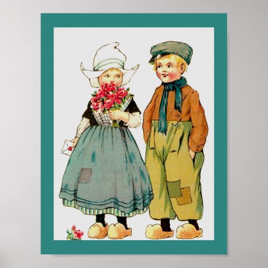  Cute Dutch Boy & Girl met Rozen & Love Note Poster (Voorkant)