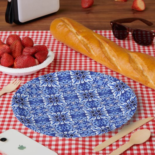 Cute  Dutch Delft Blue Floral Pattern Papieren Bordje (Picknick)