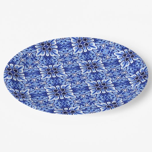Cute  Dutch Delft Blue Floral Pattern Papieren Bordje (Gekanteld)