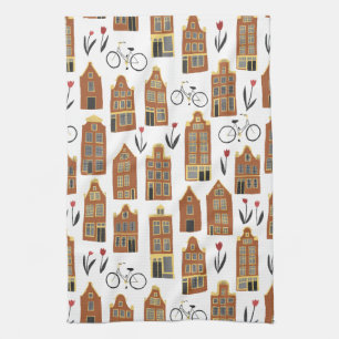Cute Dutch Houses Amsterdam City Pattern Theedoek