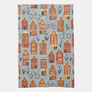 Cute Dutch Houses Amsterdam City Pattern Theedoek