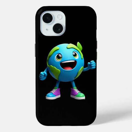 Cute Earth Cartoon iPhone 15 Case – Fun Eco (Achterkant)