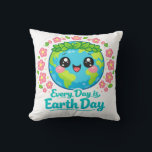 Cute Earth Day Throw Pillow Kussen<br><div class="desc">Add a cheerful eco-friendly touch to your home with this cute Earth Day throw pillow featuring a happy kawaii Earth with big smiling eyes, a green leaf crown, and pink flowers, along with the uplifting message “Every Day is Earth Day.” This bright and playful cushion is perfect for sofas, beds,...</div>