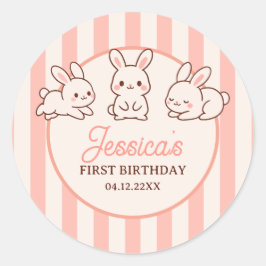 Cute Easter Bunnies Pink Girl 1st Birthday Party Ronde Sticker