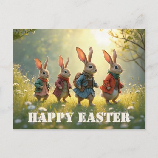 Cute Easter Bunnies Walking in Spring Meadow Briefkaart (Voorkant)
