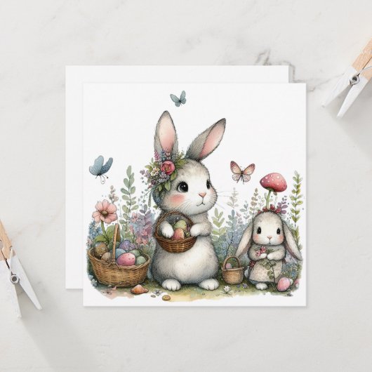 Cute Easter Bunnies with Eggs Whimsical Spring  Kaart (Voorkant / Achterkant in situ)