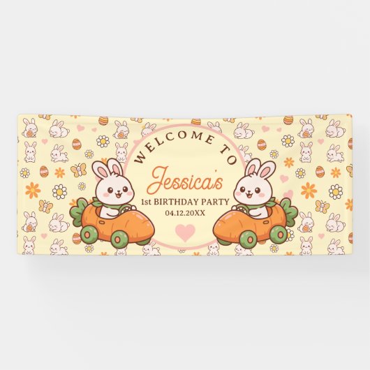 Cute Easter Bunny 1st Birthday Party Welcome Spandoek (Horizontaal)