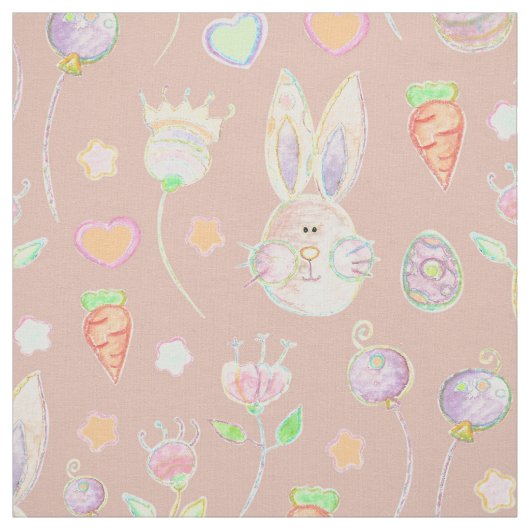 Cute Easter Bunny and Flowers Waterverf Pattern Stof (Swatch)