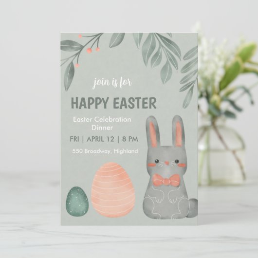 Cute Easter Bunny Celebration Dinner Invitation Kaart (Staand voorkant)