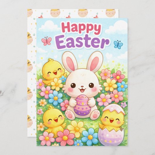 Cute Easter Bunny & Chicks | Happy Easter Feestdagenkaart (Voorkant / Achterkant)
