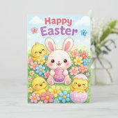 Cute Easter Bunny & Chicks | Happy Easter Feestdagenkaart (Staand voorkant)