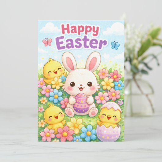 Cute Easter Bunny & Chicks | Happy Easter Feestdagenkaart (Staand voorkant)