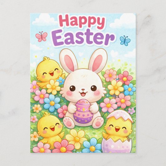 Cute Easter Bunny & Chicks | Happy Easter Feestdagenkaart (Voorkant)