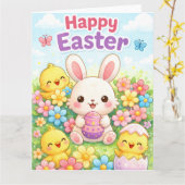 Cute Easter Bunny & Chicks | Happy Easter Kaart (Gele Bloem)