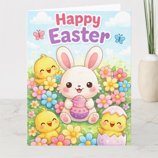 Cute Easter Bunny & Chicks | Happy Easter Kaart (Voorkant)