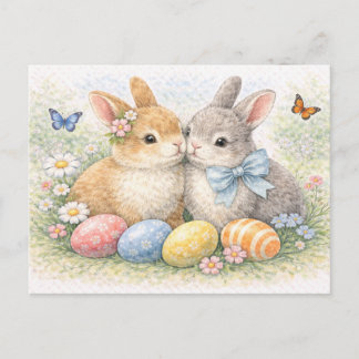 Cute Easter Bunny Couple Watercolor Postcard Feestdagenkaart