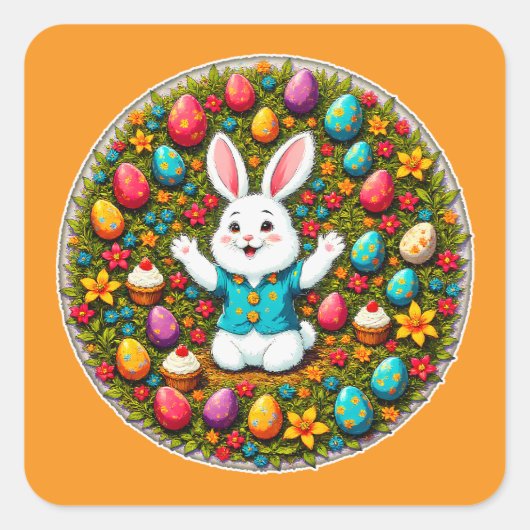 Cute Easter Bunny – Decorative Wreath Autocolante Vierkante Sticker (Voorkant)