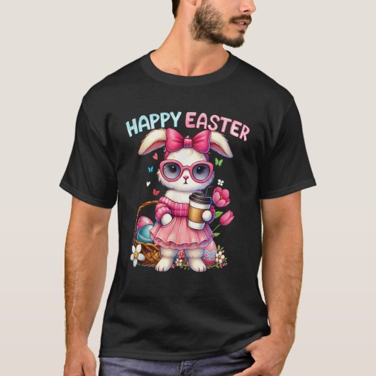 Cute Easter Bunny Drinking Ice coffee Easter Bow W T-shirt (Voorkant)