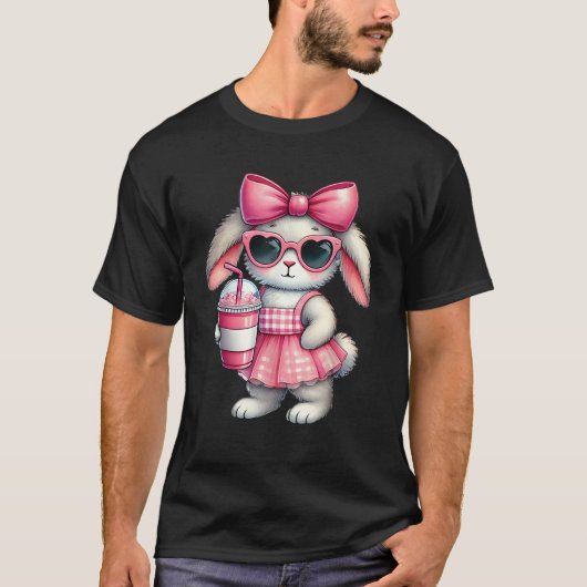 Cute Easter Bunny drinking Ice coffee Easter Bow W T-shirt (Voorkant)