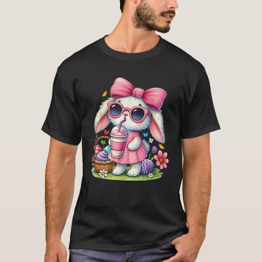 Cute Easter Bunny drinking Ice coffee Easter Bow W T-shirt (Voorkant)