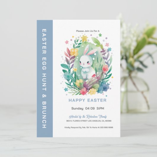 Cute Easter Bunny-Egg Hunt & Brunch Invite Kaart (Staand voorkant)