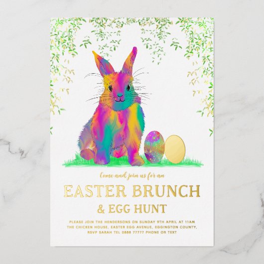 Cute Easter Bunny Egg Hunt en Brunch Pink Folie Uitnodiging (Voorkant)