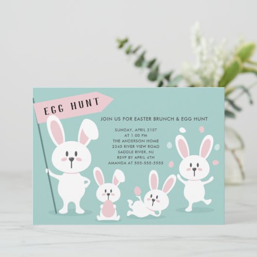 Cute Easter Bunny Egg Hunt Party Kaart (Staand voorkant)