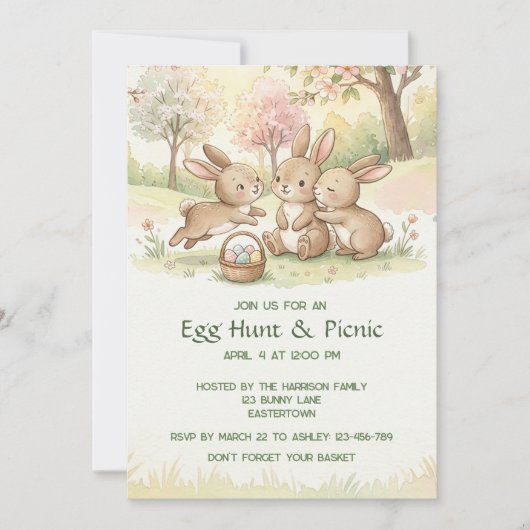 Cute Easter Bunny Egg Hunt & Picnic Party Kaart (Voorkant)
