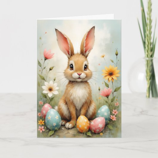 Cute Easter Bunny Eggs Flowers Easter Kaart (Voorkant)
