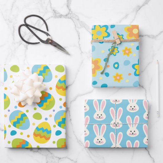 Cute Easter Bunny Eggs Flowers Inpakpapier Vel (Voorkant)