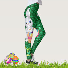Cute Easter Bunny Green Faux Glitter Leggings