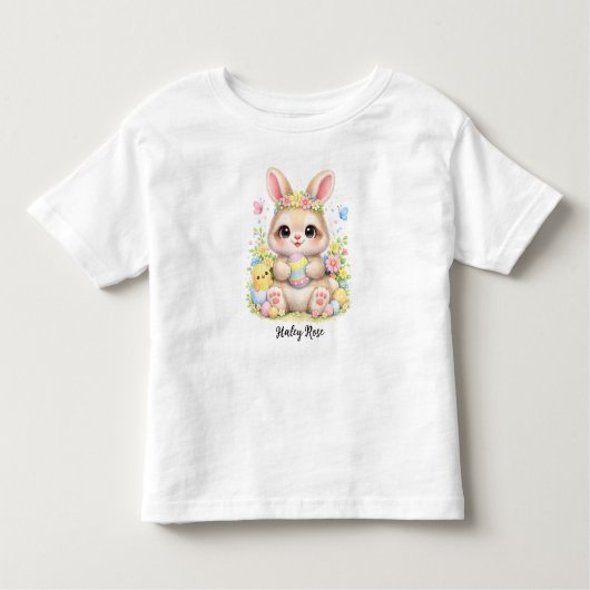 Cute Easter Bunny Holding Eggs with Flowers Kinder Shirts (Voorkant)