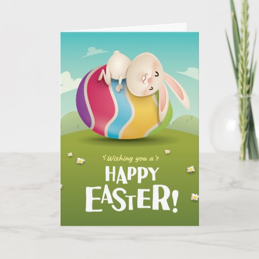 Cute Easter Bunny Hugging Striped Egg Feestdagen Kaart (Voorkant)