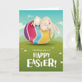 Cute Easter Bunny Hugging Striped Egg Feestdagen Kaart