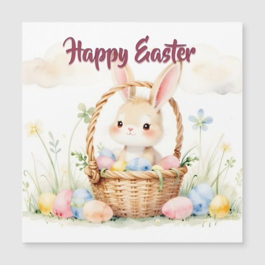 Cute Easter Bunny in Basket with Colorful Eggs (Voorkant)